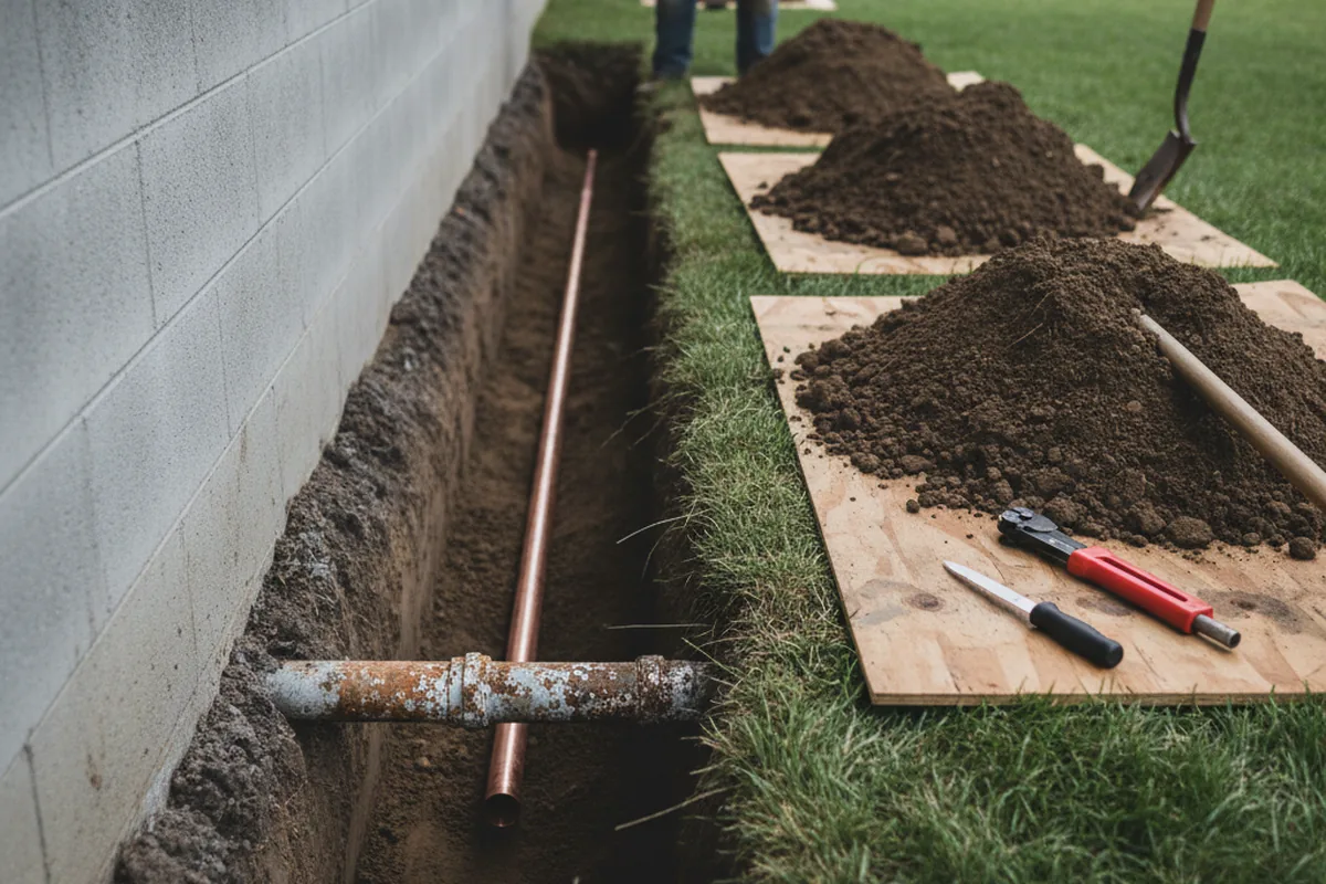 Excavated water line trench during Water Softener Installation in Lyon Station